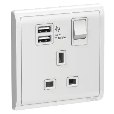SCHNEIDER 13A single switched socket with 2x2.1A USB White