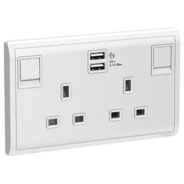 SCHNEIDER 13A Twin gang switched socket with 2*2.1A USB  White
