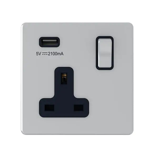 SNOWLITE 13A 1 Gang Switched Socket with 2.4Amp USB Output Silver