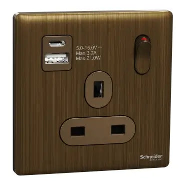SCHNEIDER 13A Single Switched socket with A+C USB Charger Antique Brass
