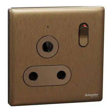SCHNEIDER 15A 250V 1 Gang 3 Round Pin Switched Socket with LED  Dark Bronze