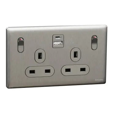 SCHNEIDER 13A Twin Switched socket with A+C USB Charger Stainless Steel