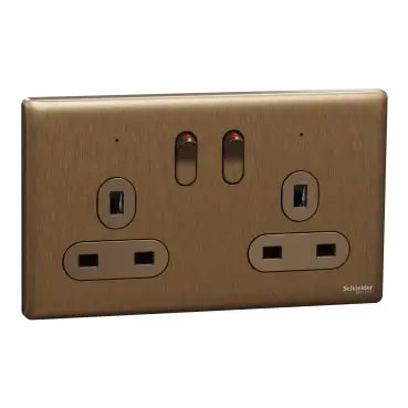 SCHNEIDER 13A 250V 2 Gang Double Pole Switched Socket With LED  Dark Bronze