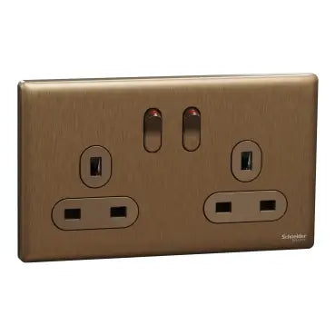 SCHNEIDER 13A 250V 2 Gang Double Pole Switched Socket  Dark Bronze