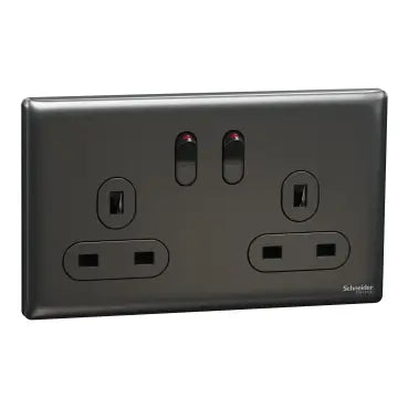 SCHNEIDER 13A 250V 2 Gang Double Pole Switched Socket Dark Grey