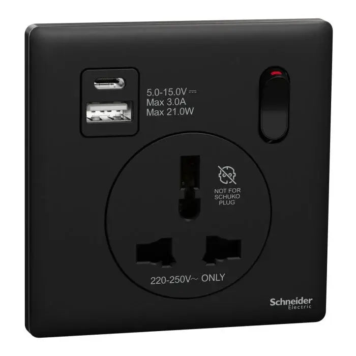 SCHNEIDER 16A 1 Gang International socket with USB Jet Black