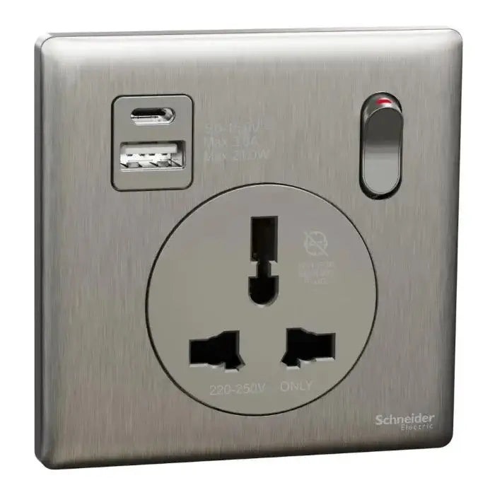 SCHNEIDER 16A 1 Gang International socket with USB Stainless Steel